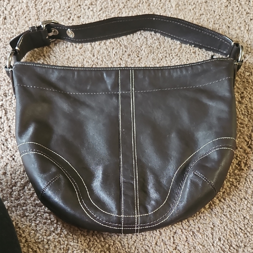 Coach Black Leather Shoulder Bag with White Contrast Stitching